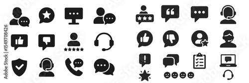 Collection of customer service and communication icons representing various interactions and support tools in a digital environment