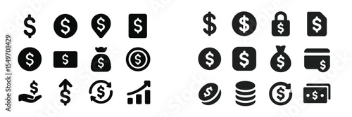 Finance and investment symbols representing currency, growth, and security in black-and-white design on a clean background