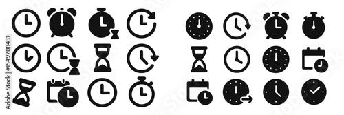 Various clock and timer icons representing different concepts of timekeeping and scheduling in minimalist design style