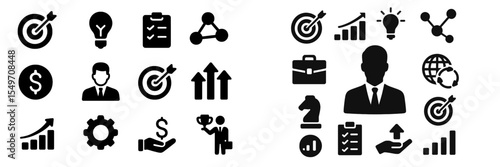 Business strategy concepts with growth symbols and professional icons in black and white design