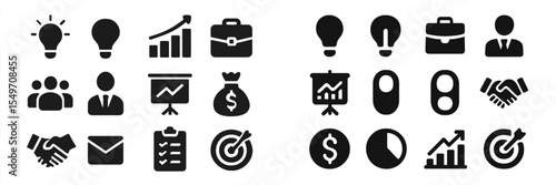 Collection of black and white business icons illustrating various professional activities and concepts for visual representation