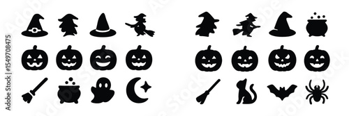 Halloween decorations featuring witches, pumpkins, and spooky elements for festive celebration