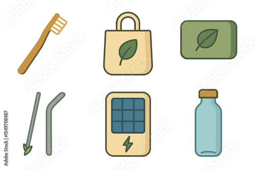 Eco-friendly products including toothbrush, reusable bag, soap, straws, charger, and bottle for sustainable living at home