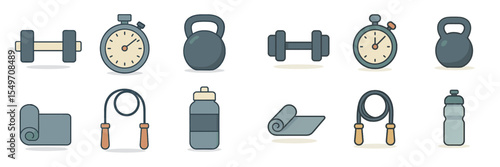 Workout equipment including dumbbells and kettlebells arranged on a white background during a fitness session