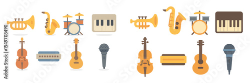 Colorful collection of musical instruments arranged in an artistic layout showcasing diversity of sound and creativity