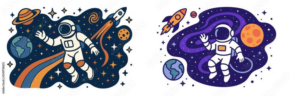Fototapeta premium Astronauts exploring space with rockets and planets in the background during a cosmic adventure