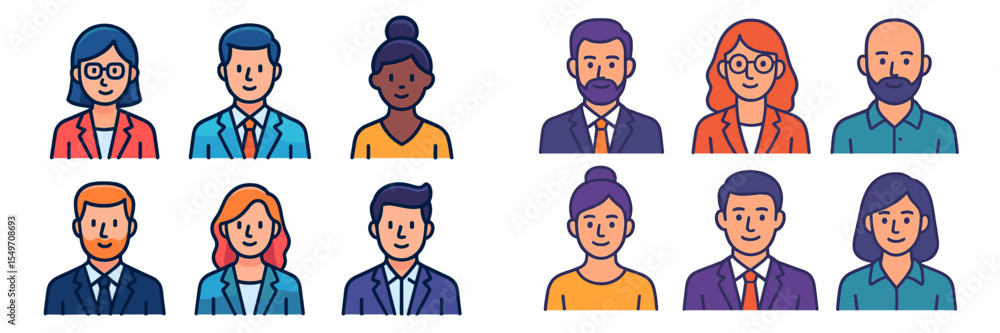 Diverse group of illustrated professionals in various business attires engaged in teamwork and collaboration in a modern setting Diverse group of illustrated professionals in various business attires engaged in teamwork and collaboration in a modern setting
