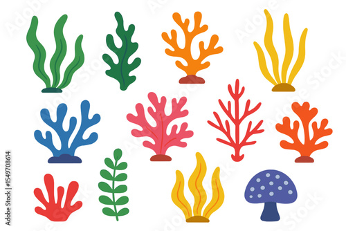 Colorful collection of sea plants and corals in a whimsical design for aquatic decor or illustration