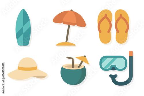 Collection of beach vacation essentials including a surfboard, umbrella, flip-flops, hat, drink, and snorkeling gear