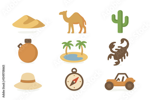Desert adventure icons featuring sand, camel, cactus, and off-road vehicle for exploration in arid landscapes