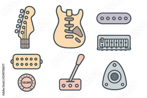 Musical instrument components arranged on a flat surface in a creative layout showcasing guitar parts and accessories