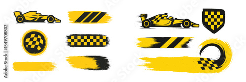 Racing symbols and designs showcasing checkered flags and cars in black and yellow colors