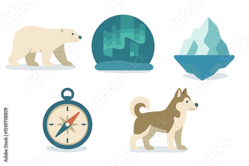 Polar adventure featuring a polar bear, northern lights, icy landscape, compass, and a husky dog in a winter setting