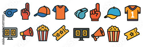Sports celebration and fan gear icons showcasing enthusiasm for games and events in a vibrant and engaging design