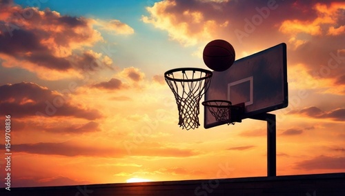 Silhouette of a Basketball Hoop with Backboard at Sunset with Colorful Sky