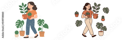 Young woman enjoys carrying potted plants while surrounded by indoor greenery at home during the day