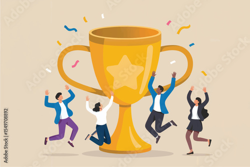 Team celebrating victory with trophy isolated on transparent background