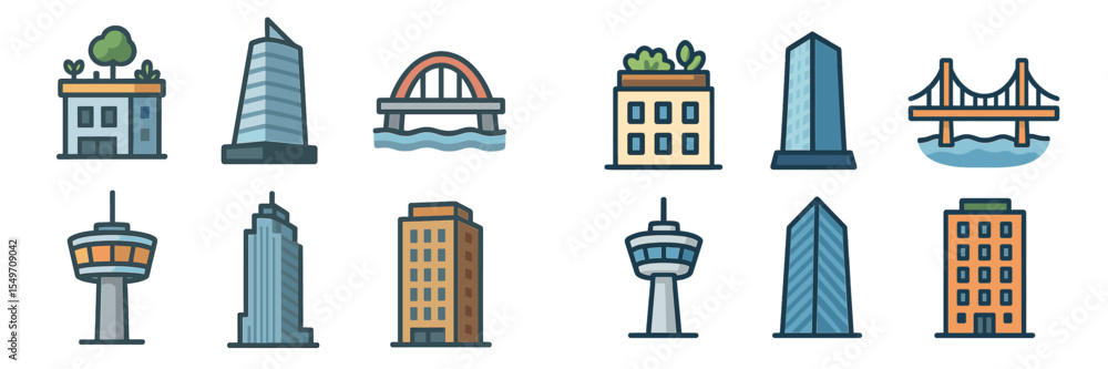 Fototapeta premium Collection of modern city buildings and bridges depicted in a colorful illustration