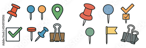 Variety of map pins, markers, and office supplies showcased on a clean background for organizational purposes