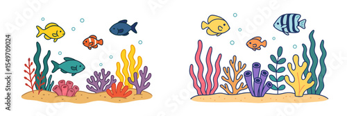 Colorful underwater scene with diverse fish swimming among vibrant coral and aquatic plants