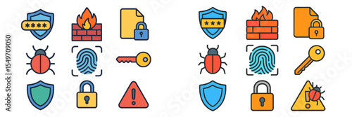 Colorful icons representing cybersecurity concepts on a digital background showcasing various elements of protection