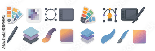 Colorful digital design tools and graphics software elements arranged in a neat layout for creative projects