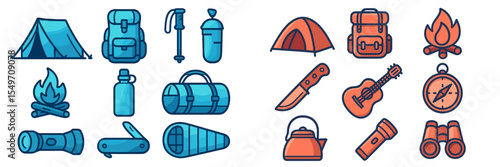 Camping equipment and supplies including tents, backpacks, and firewood in a colorful design