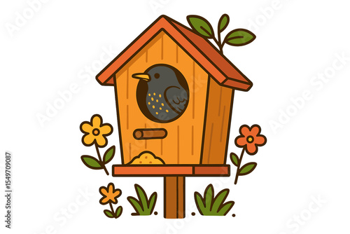 Colorful birdhouse with flowers and a bird in a garden setting during daylight