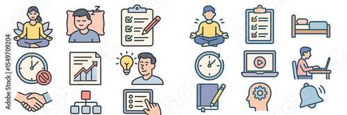 Mindfulness and productivity illustrations showcasing time management and self-care practices for better living