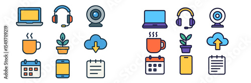 Collection of digital communication and productivity icons illustrating modern work and study habits in a collaborative environment