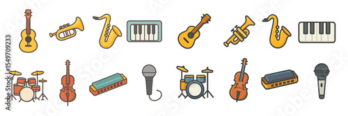 Variety of musical instruments including drums, brass, and string instruments displayed in an organized layout