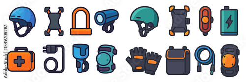 Safety gear and accessories for outdoor activities showcasing helmets, lights, batteries, and first aid kits