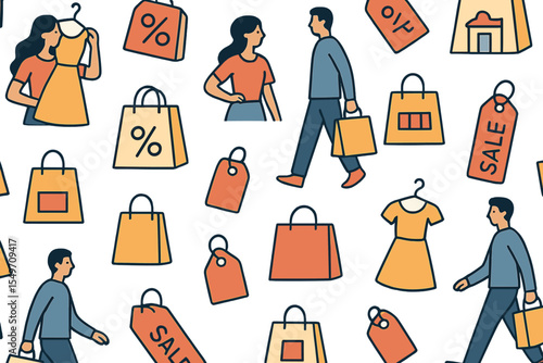 Shopping people preparing for a sale event in a retail environment filled with clothing items and shopping bags