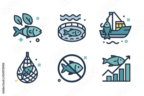 Understanding aquaculture through illustrations of fish farming, fishing techniques, and market trends in a vibrant graphic style