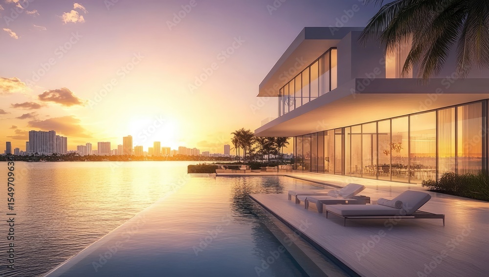 Fototapeta premium Modern waterfront mansion at sunset (2)