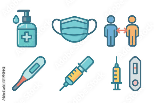 Various health symbols illustrating personal hygiene, social distancing, and medical tools for a safe environment