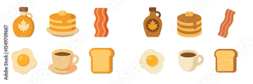 Breakfast spread featuring pancakes, bacon, eggs, and coffee arranged in a bright and colorful design showcasing morning meals
