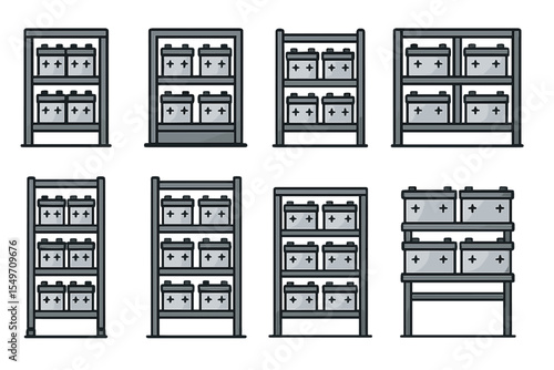 Shelving units with batteries arranged in different configurations for storage and display purposes