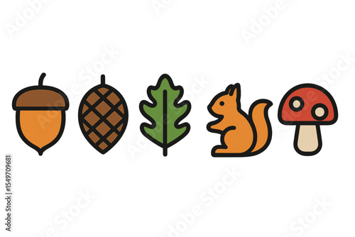 Seasonal woodland elements featuring acorn, pinecone, leaf, squirrel, and mushroom in a playful design