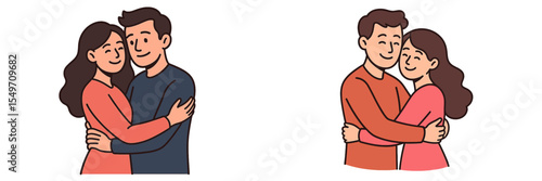 Couples enjoying a warm embrace in a cheerful setting with bright colors depicting love and affection