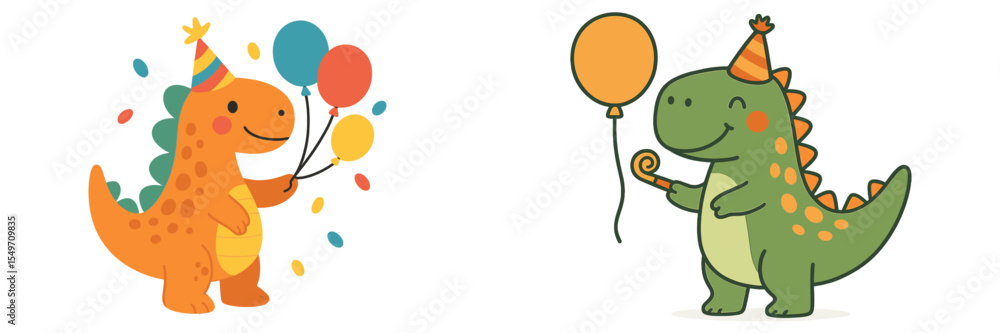 Naklejka premium Colorful dinosaurs celebrating with balloons at a cheerful party setting during daytime