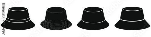 Four Black Bucket Hats in an Isometric View