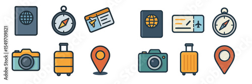 Exploring travel essentials with various icons symbolizing adventure and exploration