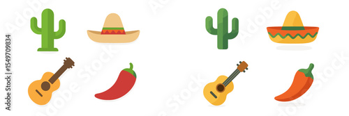 Colorful illustration of traditional Mexican symbols featuring cacti, sombreros, guitars, and chili peppers
