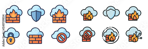 Cloud security icons illustrating firewalls, protection shields, and threat prevention in a digital environment