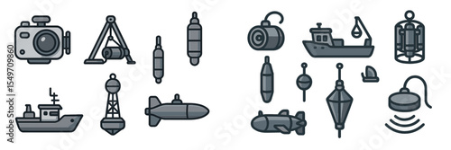 Marine equipment and tools for underwater exploration in a detailed graphic layout showcasing various items