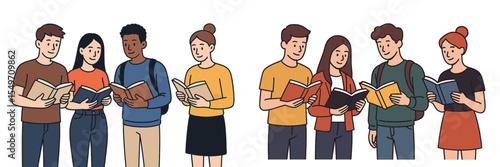 Group of young adults engaged in reading books indoors while discussing literature with enthusiasm