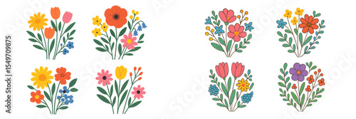 Brightly colored floral arrangements display a variety of flowers in a cheerful design perfect for spring