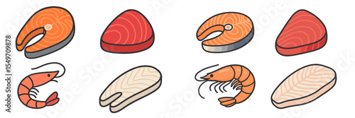 Different types of seafood including shrimp, salmon, and white fish depicted in a colorful and engaging style