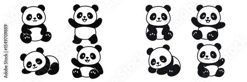 Cute panda illustrations featuring playful poses and expressions in black and white style for children's designs